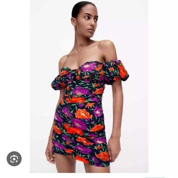 Zara Floral Off The Shoulder Puff Sleeve Mini Dress - Picture 1 of 6